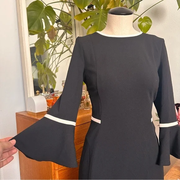 Calvin Klein Black Long-Sleeve Sheath Dress with White Trim - Picture 3 of 8